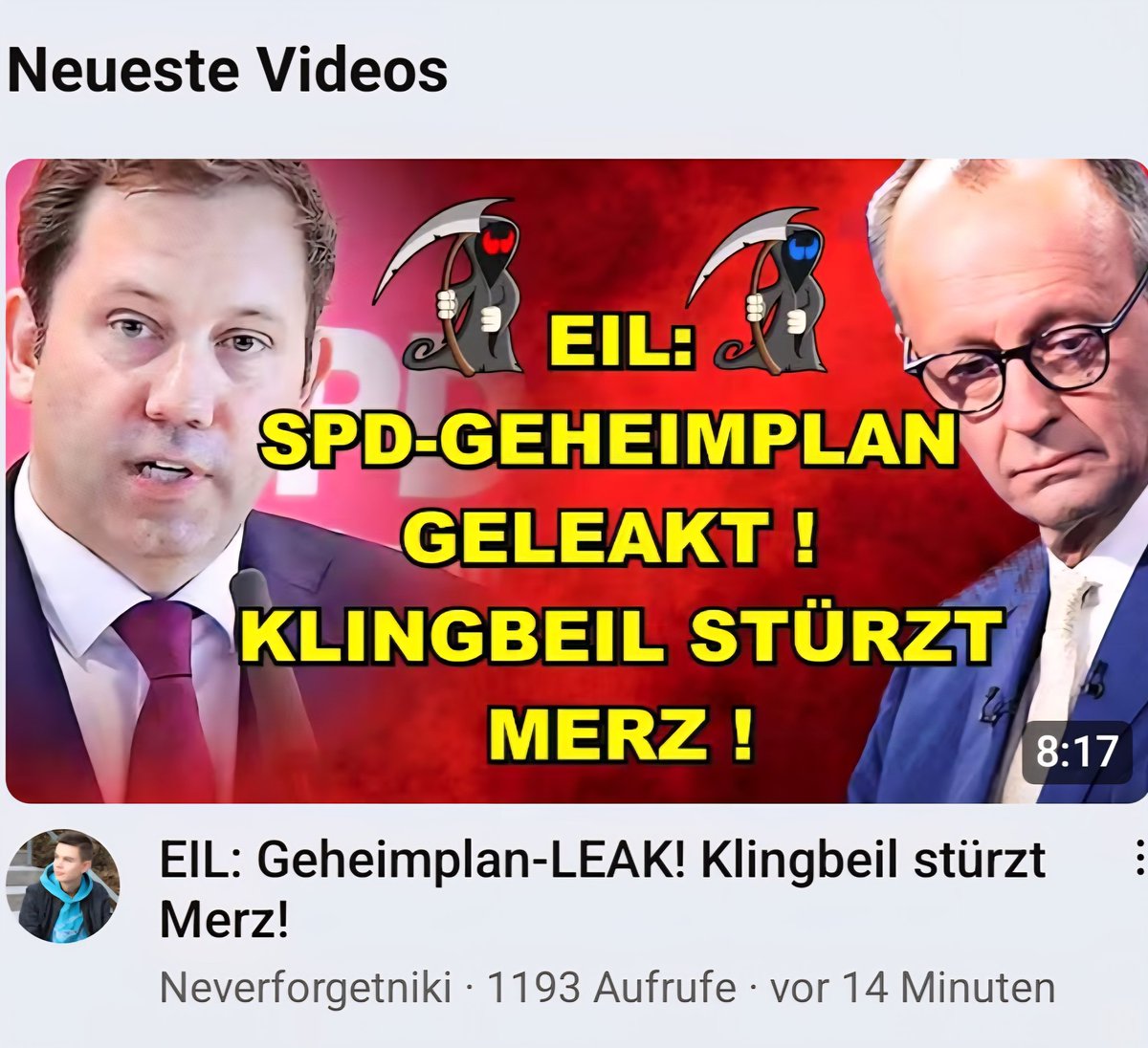 +++ TEILEN +++
Wie "Euronews" berichtet, plant die SPD ein AfD-Verbot zu erzwingen, um dann sofort Mehrheiten für Rot-Rot-Grün und einen Kanzler Klingbeil zu haben! Dieses Video muss jeder sehen:
youtu.be/FAgBjCgTkzs?si…