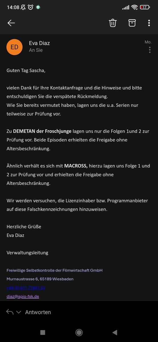 suppengroove's tweet photo. Vor einer Weile habe ich der FSK mal eine E-Mail geschrieben, da mich die Freigaben von ein paar Anime VÖs stutzig machten. Macross ab 16, Demetan ab 6. Labels dazu noch harte Bootleg Vibes.

Stellt sich raus: Ja 😁
Allein schon die Freigaben sind schon Quatsch. https://t.co/THcDKRwqfd