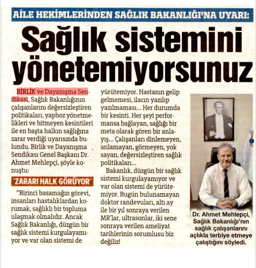Birlik ve Dayanışma Sendikası (@dayanismasen) on Twitter photo Sağlık Bakanlığının çalışanlarını değersizleştiren politikaları, yapboz yönetmelikleri ve bitmeyen kesintileri ile en başta halkın sağlığına zarar veriyor.
<a href="/saglikbakanligi/">T.C. Sağlık Bakanlığı</a> <a href="/gazetesozcu/">Sözcü</a> <a href="/DrMehlepci/">Dr Ahmet Mehlepçi</a> <a href="/drmemisoglu/">Prof. Dr. Kemal Memişoğlu</a> <a href="/suayipbirinci/">Doç. Dr. Şuayıp Birinci</a> Sağlık Bakanlığının çalışanlarını değersizleştiren politikaları, yapboz yönetmelikleri ve bitmeyen kesintileri ile en başta halkın sağlığına zarar veriyor.
<a href="/saglikbakanligi/">T.C. Sağlık Bakanlığı</a> <a href="/gazetesozcu/">Sözcü</a> <a href="/DrMehlepci/">Dr Ahmet Mehlepçi</a> <a href="/drmemisoglu/">Prof. Dr. Kemal Memişoğlu</a> <a href="/suayipbirinci/">Doç. Dr. Şuayıp Birinci</a>
