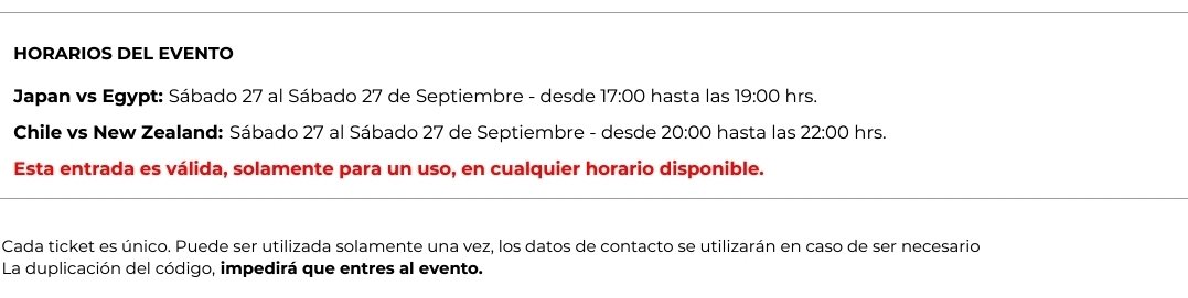 pagm7100's tweet image. Estimados, compre entradas para ir al mundial sub 20. Pero hay algo que me llama la atención. El 27 de sep hay dos partidos. Pero la entrada en letra roja dice "Esta entrada es válida, solamente para un uso, en cualquier horario disponible'. Es para ir a uno de los dos partidos?…