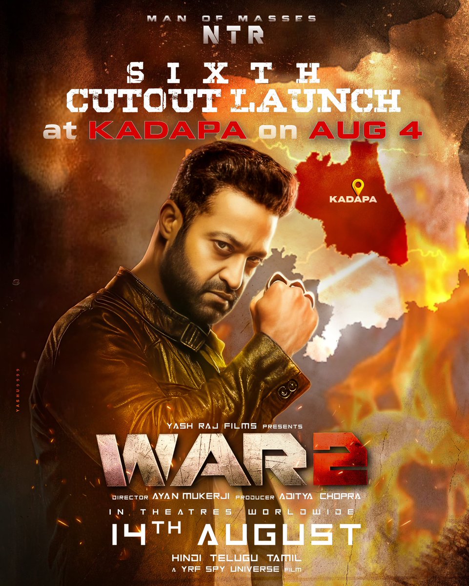 DragonRegin's tweet photo. Unveiling the 6th Cutout at Kadapa – Ceded Region, Get ready for another powerful celebration from Tiger Nation.

#War2 @tarak9999 
PC: @_Yashu9999_ https://t.co/5ZL0EgskMF
