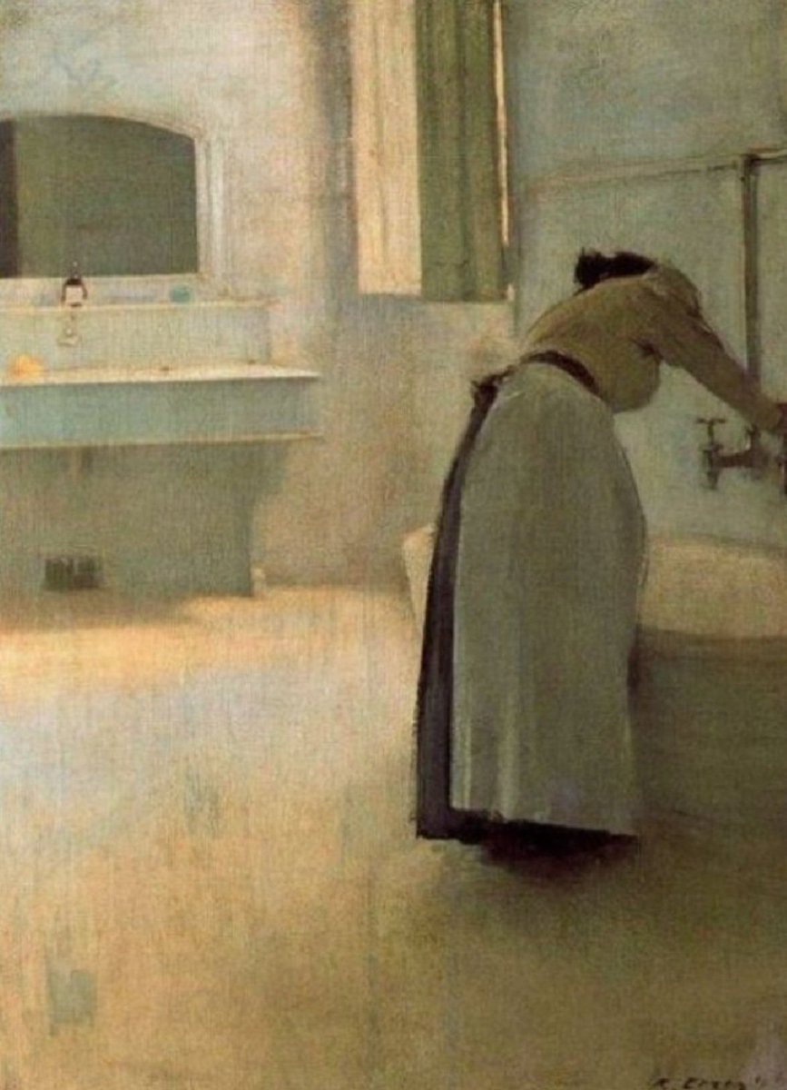 'Running the Bath.' (1895) Ramón Casas was a leading Spanish avant-garde painter.  This picture, with its subtle graduations of colour and suffused light, is reminiscent of the introverted 'symphonies' of Whistler and the muted interiors of Vilhelm Hammershøi.