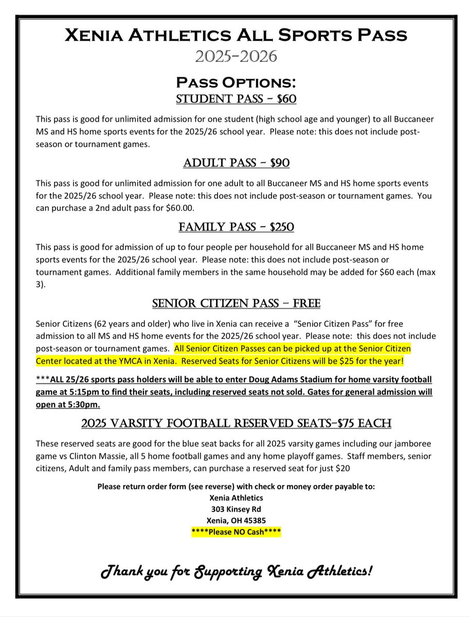 XeniaAthletics's tweet image. ***On Sale***

All-Sports Passes
Reserved Football Seats

Starting 9am July 21st in the Athletic Office!  

Passes will be sold M-F 9am-11am in the athletic office and Thursday July 24th at the fall parent meeting from 5-7pm at XHS!

@xeniabucsfb