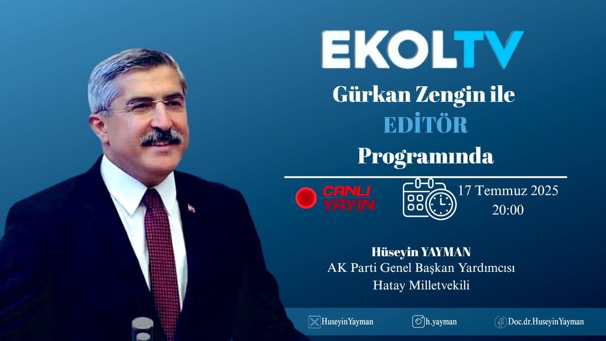Bu akşam saat 20.00’de <a href="/ekoltvv/">Ekol TV</a> ekranlarında kıymetli gazeteci <a href="/Zengingurkan/">Gürkan Zengin</a> Beyfendinin sunduğu Editör programına canlı yayında katılacağım.

Gündemimizde siyasetin temel başlıkları ve milletimizin sıcak gündemi var. İzlemenizi rica ederiz.. 🇹🇷
