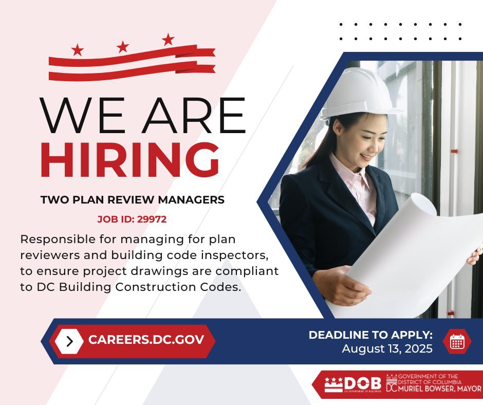 SalimForWard8's tweet image. The Department of Buildings is looking for two Plan Review Managers to help lead the way in building a safer, greener, and more vibrant city.
💼 Ready to make an impact?
🗓️ Apply by August 13, 2025
📌 Job ID: 29972
🔗 careers.dc.gov
#WeAreWard8