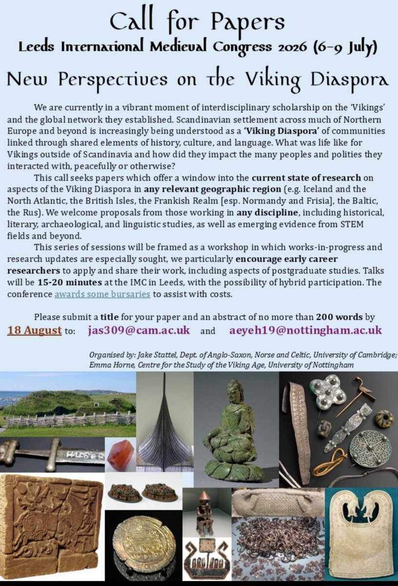 CourtStudies's tweet image. CFP - Leeds International Medieval Congress is seeking papers considering 'New Perspectives on the Viking Diaspora' - they welcome papers on Viking Settlements across Euorpe. We would love to see your research connecting the Vikings and Court Studies!
bsky.app/profile/courts…