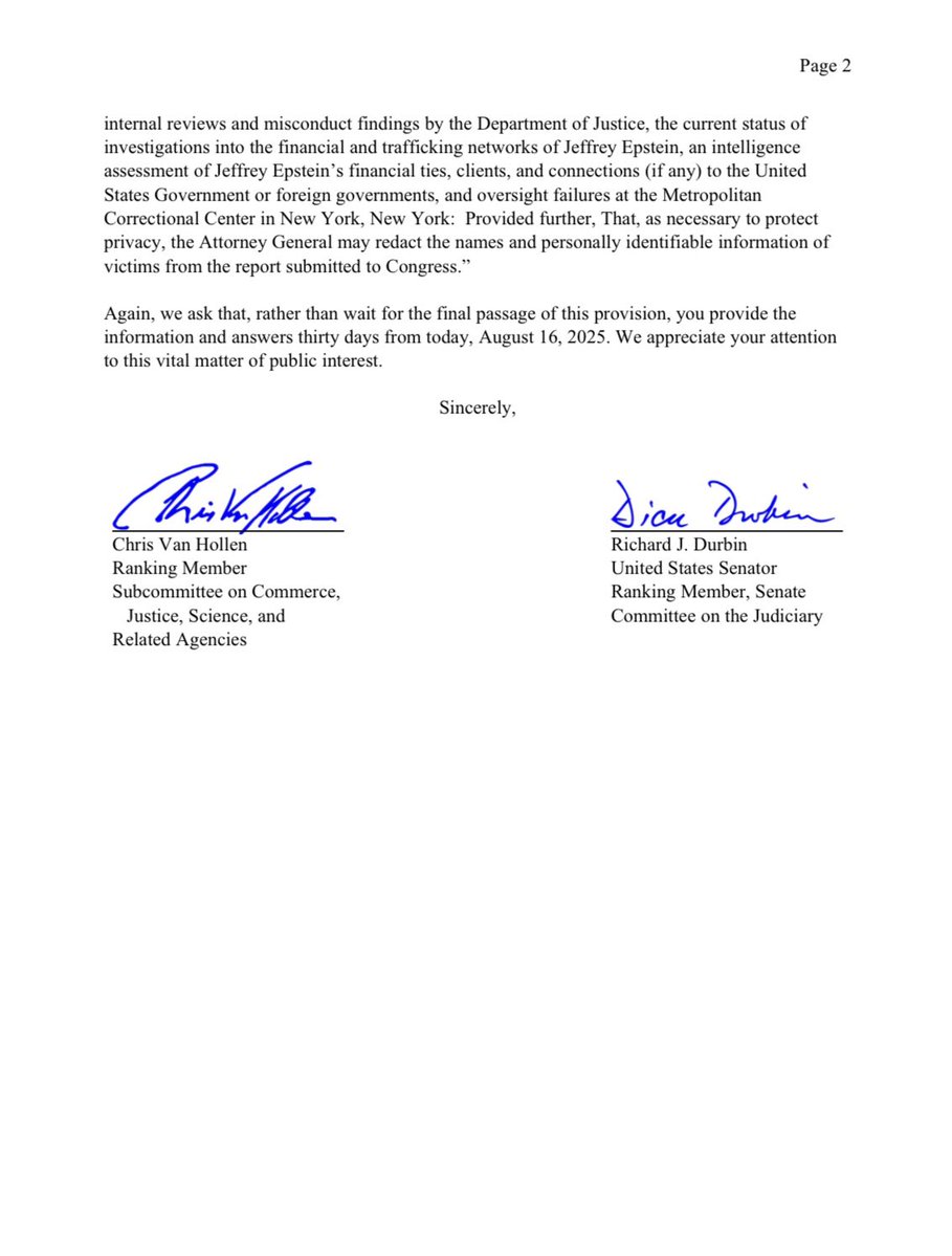 ChrisVanHollen's tweet image. The longer they wait to release the Jeffrey Epstein files, the more it seems like they're hiding something.
Today @SenatorDurbin & I sent a letter to @AGPamBondi calling for the immediate release of the Epstein files—in line with our bipartisan, unanimously-approved amendment⬇️
