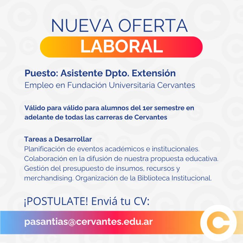 🎓📖 Institución Cervantes ofrece a alumnos y egresados la posibilidad de insertarse en el mercado laboral por medio de #pasantías y #empleos que nos acercan empresas e instituciones. 🚀

📌 Más detalles de esta convocatoria en nuestra web: cervantes.edu.ar/empleos/empleo…