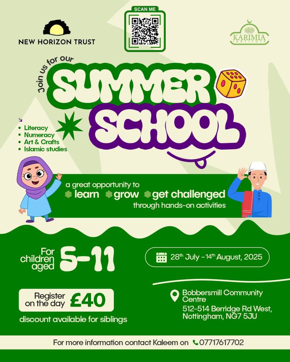 Give your child a meaningful summer🌿

While others are switching off, your child could be switching on — learning Quran, building character, and connecting with their faith in a fun, nurturing environment.

For more information: 07717617702  

#summer #nottingham #uk #kids