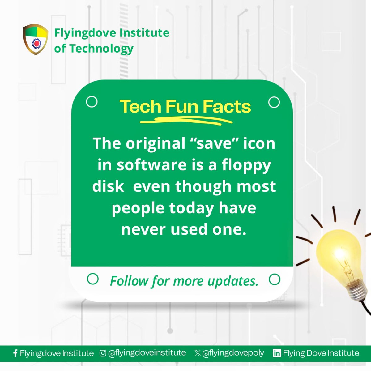 flyingdovepoly's tweet image. 💾 TECH FUN FACT:
The original “save” icon in software is a floppy disk — even though most people today have never used one! 🖴😄
#TechFunFact #TechForAll #flyingdoveinstituteoftechnology