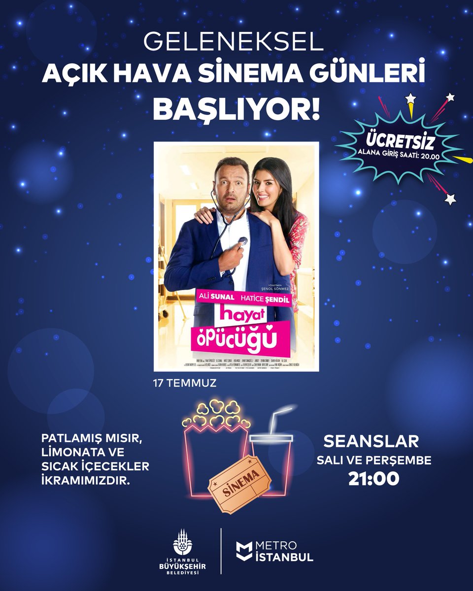 🎬 Geleneksel Açık Hava Sinema Günleri bugün başlıyor!

Yaz akşamlarının vazgeçilmezi, dönemin ilk filminde “Hayat Öpücüğü” ile sinemaseverlerle yıldızların altında buluşuyor. ✨

📅 17 Temmuz, Perşembe
🕘 21:00*
📍 Metro İstanbul Esenler Yerleşkesi
🎟 Biletler İstanbul Senin