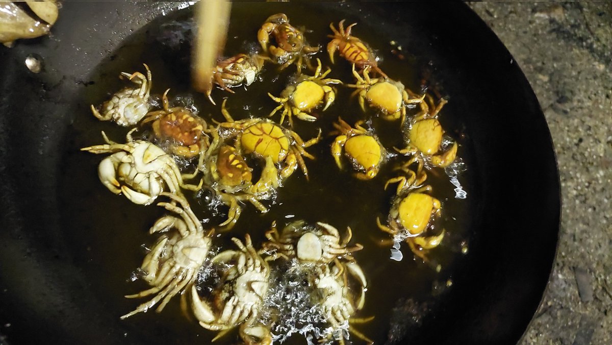 その辺で獲ってきたサワガニを揚げて  食う 美味し 