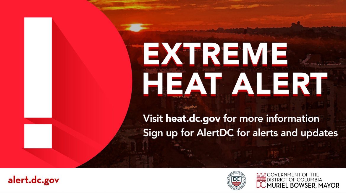 DC_HSEMA's tweet image. An extreme heat alert has been issued for today (7/17). Temps are expected to have a high near 96 degrees and a heat index as high as 106.
Drink water, find shade, & check on your friends. Learn more about cooling centers and resources 🔗 heat.dc.gov #ReadyDC