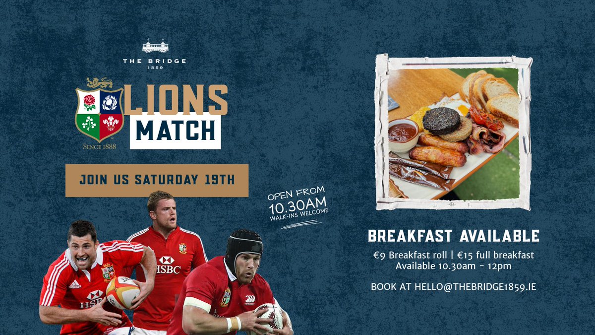 TheBridge1859's tweet image. 🏉🍳 Lions Match Day at The Bridge!
Join us Saturday 19th from 10:30AM for breakfast & rugby 🦁
€9 breakfast roll | €15 full breakfast
Walk-ins welcome or book: hello@thebridge1859.ie
#LionsMatch #RugbyBreakfast #TheBridge1859 #MatchDayFuel