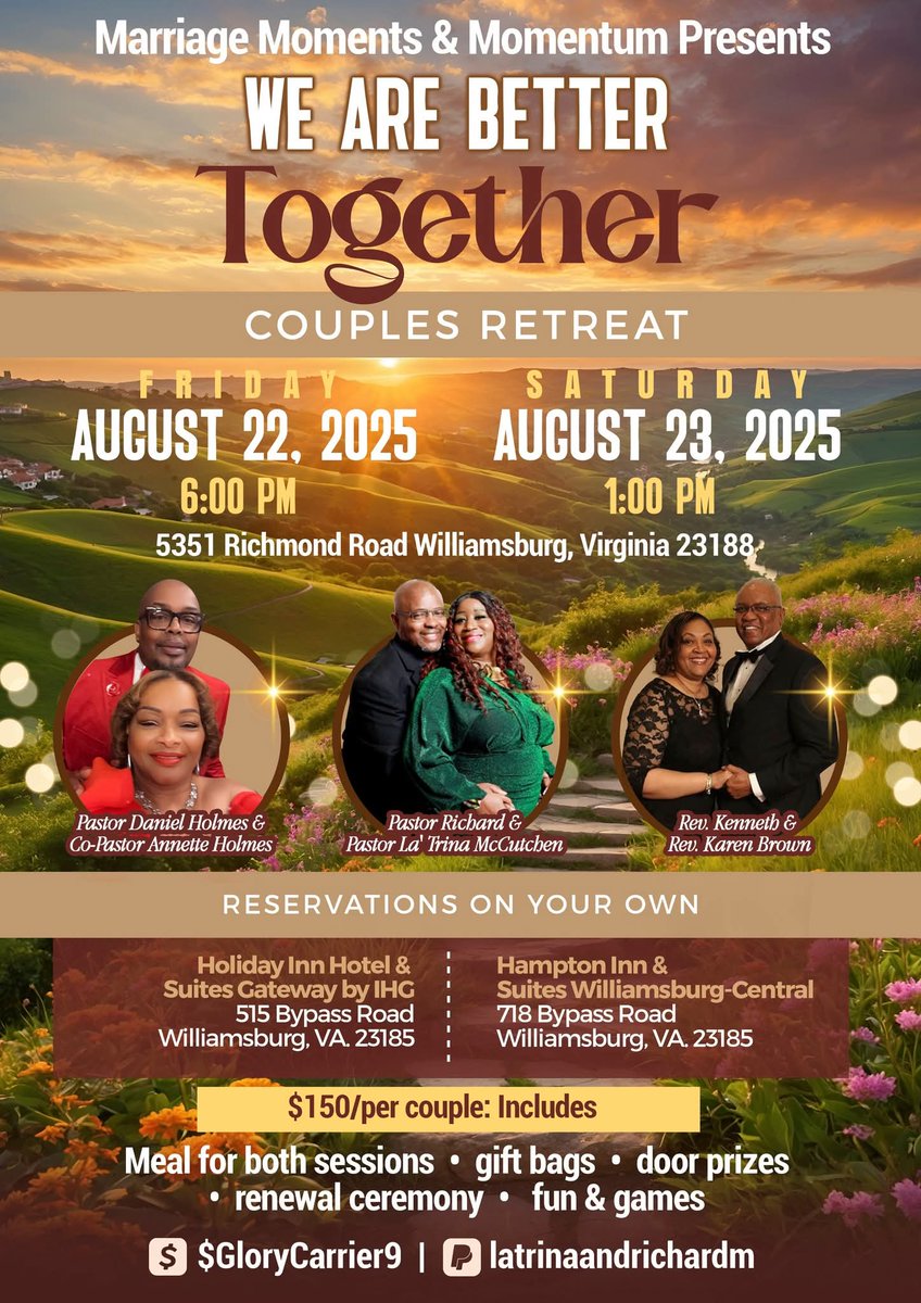 SpiritOfTruthMi's tweet image. 🔥Calling All Married Couples &amp;amp;  Engaged Couples!🔥
🔥Meet us at the Marriage Moments &amp;amp; Momentum We Are Better Together Couples Retreat!🔥
🔥August 22 &amp;amp; 
August 23 2025!🔥
🔥Williamsburg Va🔥
🔥Real Talk Sessions! Fun! Door Prizes! Games! Q&amp;amp;A Sessions! 

WEAREBETTERTOGETHER2025.EVENTBRITE.COM