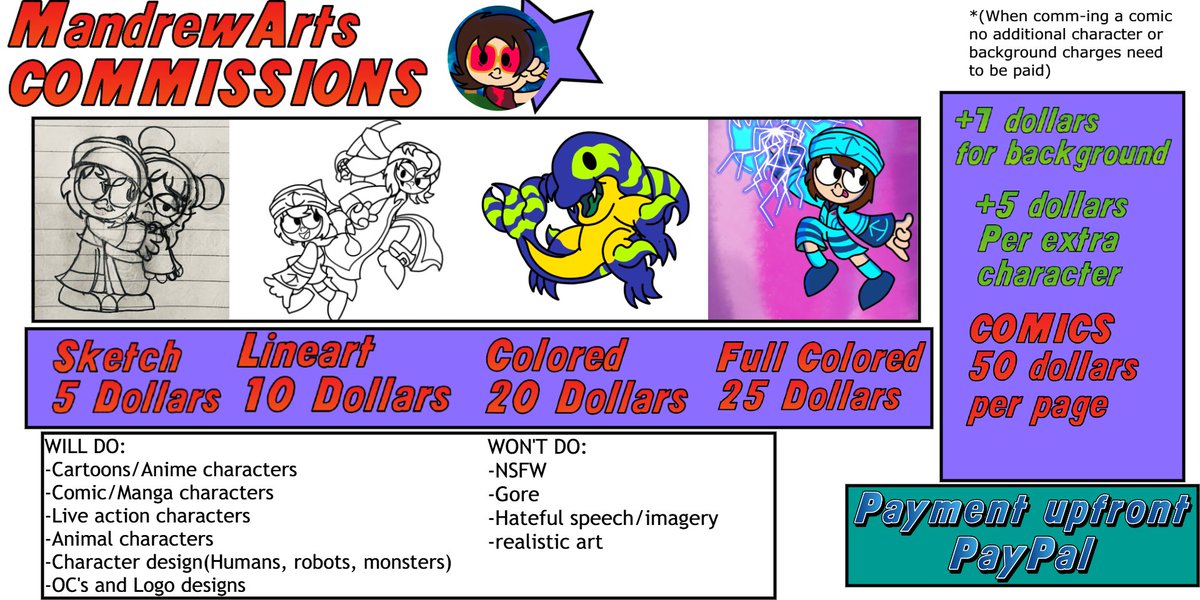 Finally opening up art commissions through Ko-Fi! Been meaning to do this for a long time but now I'm finally taking that next step in my artistic career.  I have 8 slots open and it would mean the world and more to me if you guys would support it
ko-fi.com/mandrewarts/co…