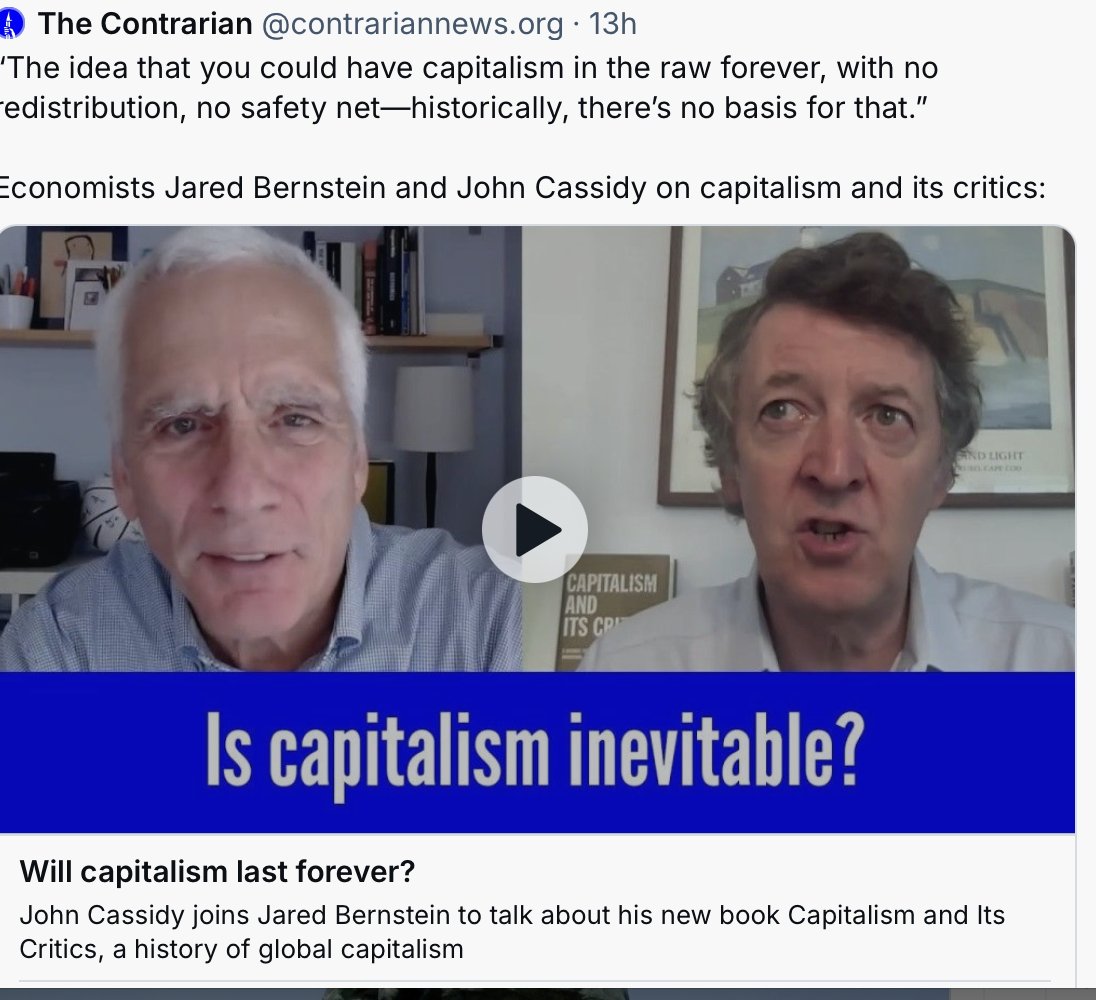 JohnCassidy's tweet image. Thanks very much to @econjared and The Contrarian for asking me to talk about the history of capitalism, and what it has to teach up about the challenges we face today.
Smith, Marx/Engels, Polanyi, Keynes, Kalecki, Sweezy, Friedman--we got through a lot!…