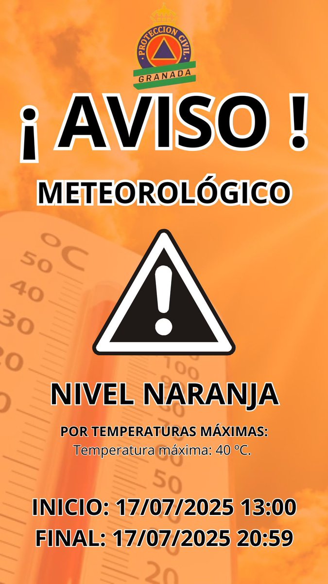 🟠⚠️ #FMA ⚠️🟠
Aviso por altas temperaturas. Nivel de riesgo:
🟧 NARANJA 🟧

📅 Jueves 17 de julio
⏰ De 13:00 a 20:59

☀️🌡️ 🥵 Temperatura máxima prevista: 40ºC 🥵🌡️☀️

⚠️ ¡Toma todas las precauciones necesarias! ⚠️

💧 Hidrátate con frecuencia.
🌳 Busca sombra y evita la