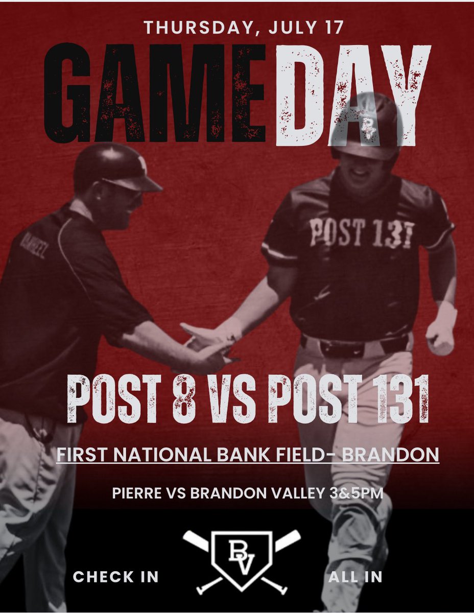 🚨Game Day🚨

The Post 131 Legion Team will take on Post 8 for a Thursday DH.  This will be Post 131 last regular season home games!

📍Aspen Park, FNB Field
🆚 Pierre Post 8

CHECK IN- ALL IN