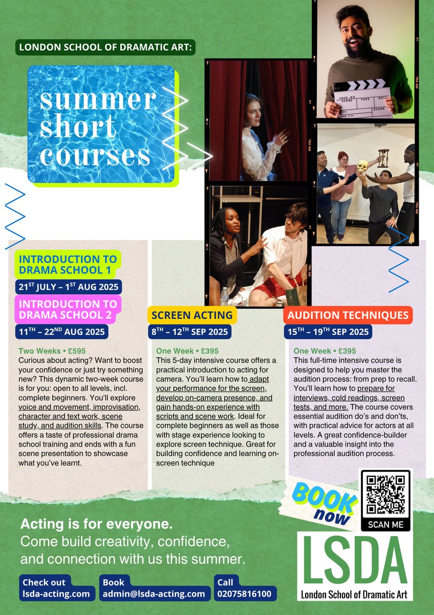 You can pinch to zoom in, or email admin@lsda-acting.com to find out more about joining one, two, or all three of our summer short courses, with the first starting next Monday! 🎭✨ Intro to Drama School, Screen Acting, and Audition Techniques. Only a few places left! 🚨