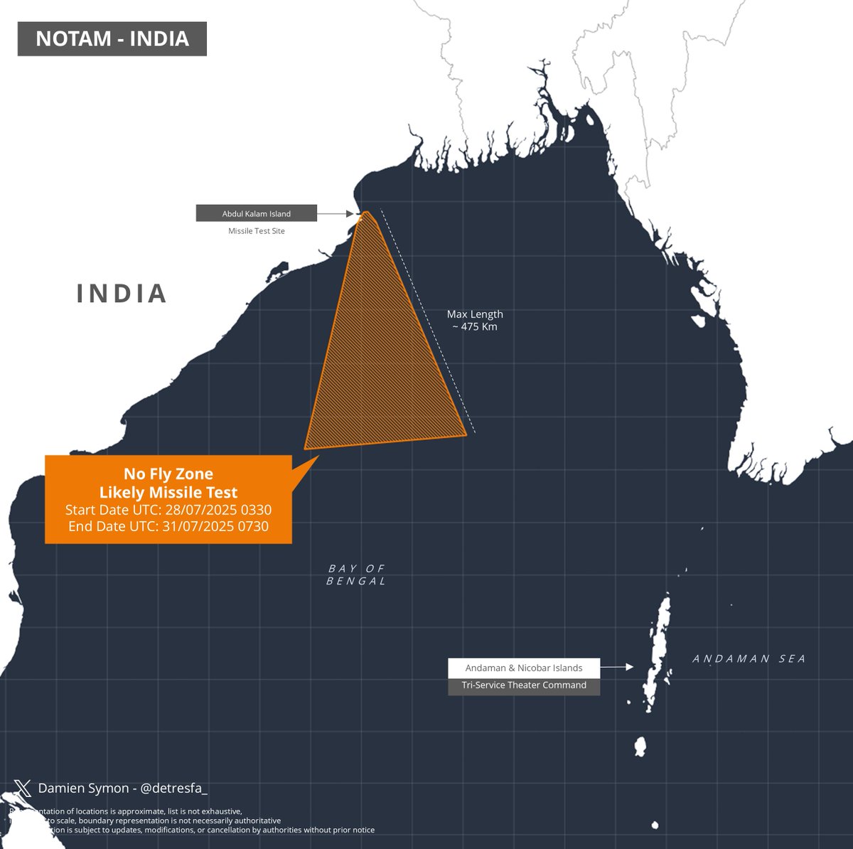 detresfa_'s tweet image. #AreaWarning #India issues a notification for a likely missile test in the Bay of Bengal region
Date | 28-31 July 2025