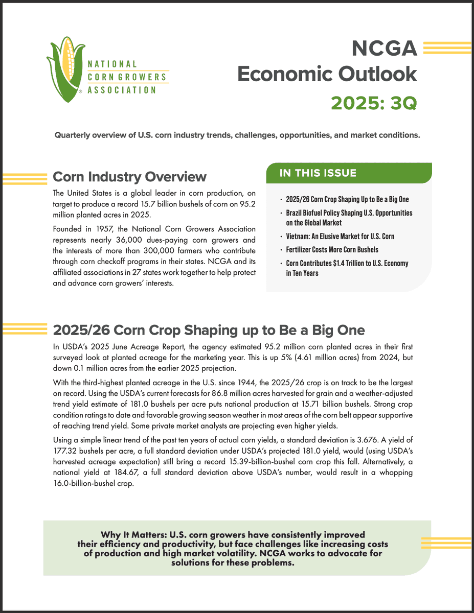 Check out the 2025 quarterly Economic Outlook for 3Q from NCGA Chief Economist Krista Swanson and Economist Gretchen Kuck. bit.ly/46OFAmC 

In this issue:
🌽 2025/26 Corn Crop Shaping Up to Be a Big One
🌽 Brazil Biofuel Policy Shaping U.S. Opportunities on the Global
