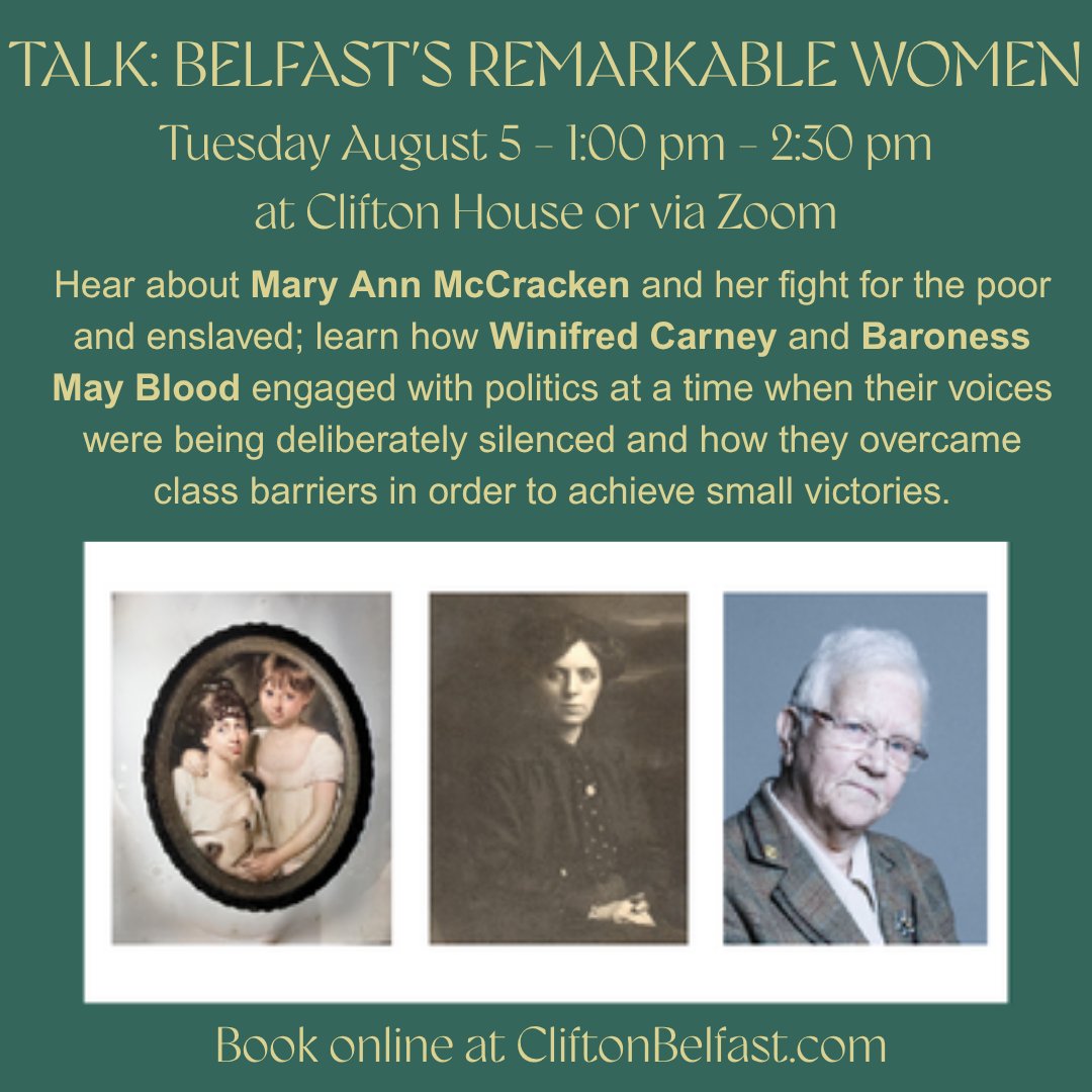 Clifton House Belfast (@cliftonbelfast) on Twitter photo Meet Our Speakers!
🏡Dr <a href="/LaurenSmyth24/">Dr Lauren Smyth</a> – Historian of Clifton House
🎓 Dr <a href="/MargaretWard1/">Dr Margaret Ward</a> – Feminist historian at Queen’s University
🌍 Avila Kilmurray – Migration & peacebuilding Executive at The Social Change Initiative.
🎟️Info & Tickets: visitbelfast.ticketsolve.com/tick.../shows/… Meet Our Speakers!
🏡Dr <a href="/LaurenSmyth24/">Dr Lauren Smyth</a> – Historian of Clifton House
🎓 Dr <a href="/MargaretWard1/">Dr Margaret Ward</a> – Feminist historian at Queen’s University
🌍 Avila Kilmurray – Migration & peacebuilding Executive at The Social Change Initiative.
🎟️Info & Tickets: visitbelfast.ticketsolve.com/tick.../shows/…