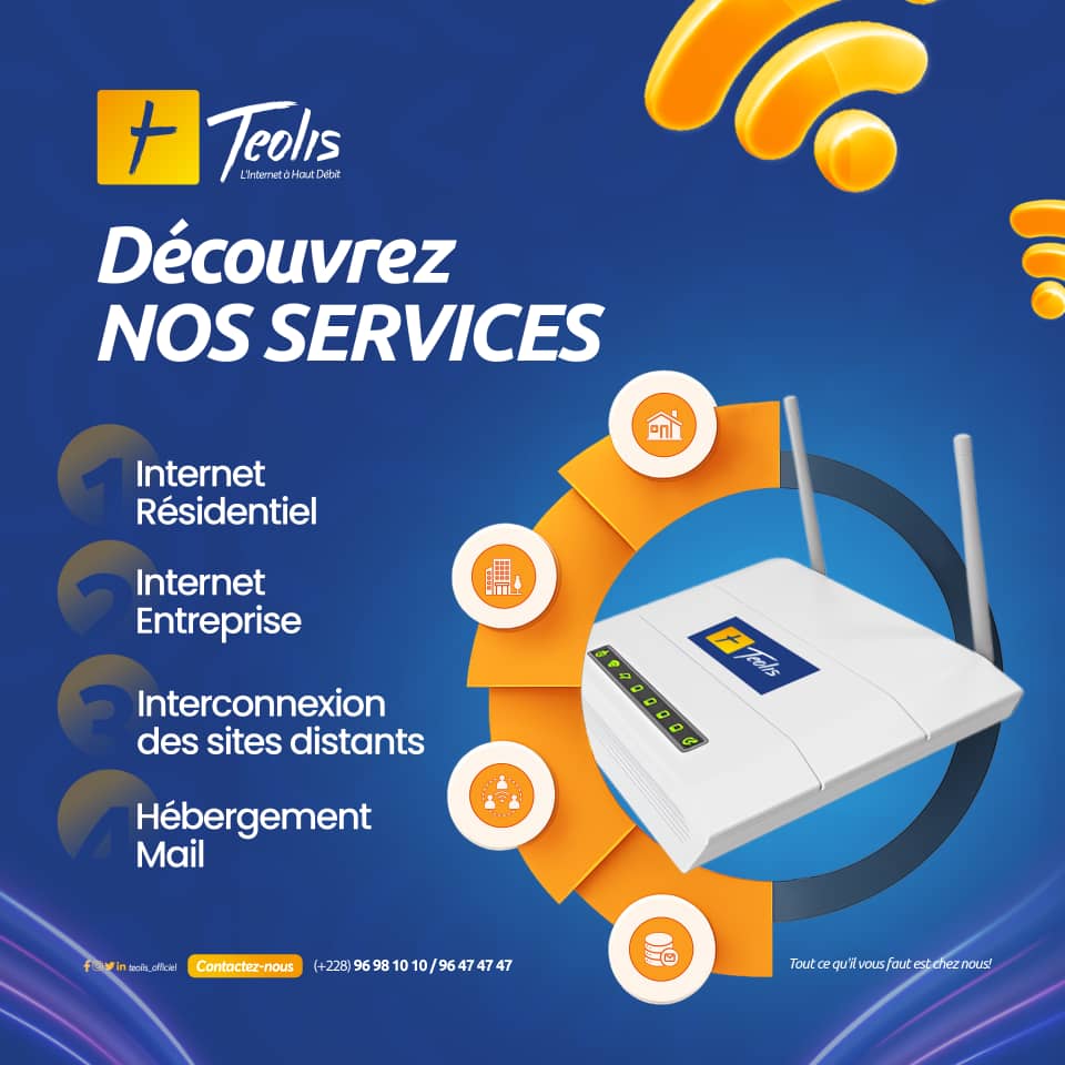 Découvrez tout ce que Teolis peut faire pour vous!

Internet rapide pour la #maison ou le #bureau, #interconnexion de sites et #hébergement mail… 

Profitez du meilleur du haut débit  avec Teolis.

Contactez dès maintenant au (+228) 96-98-10-10 / 97-47-47-47

#Teolis #Internet