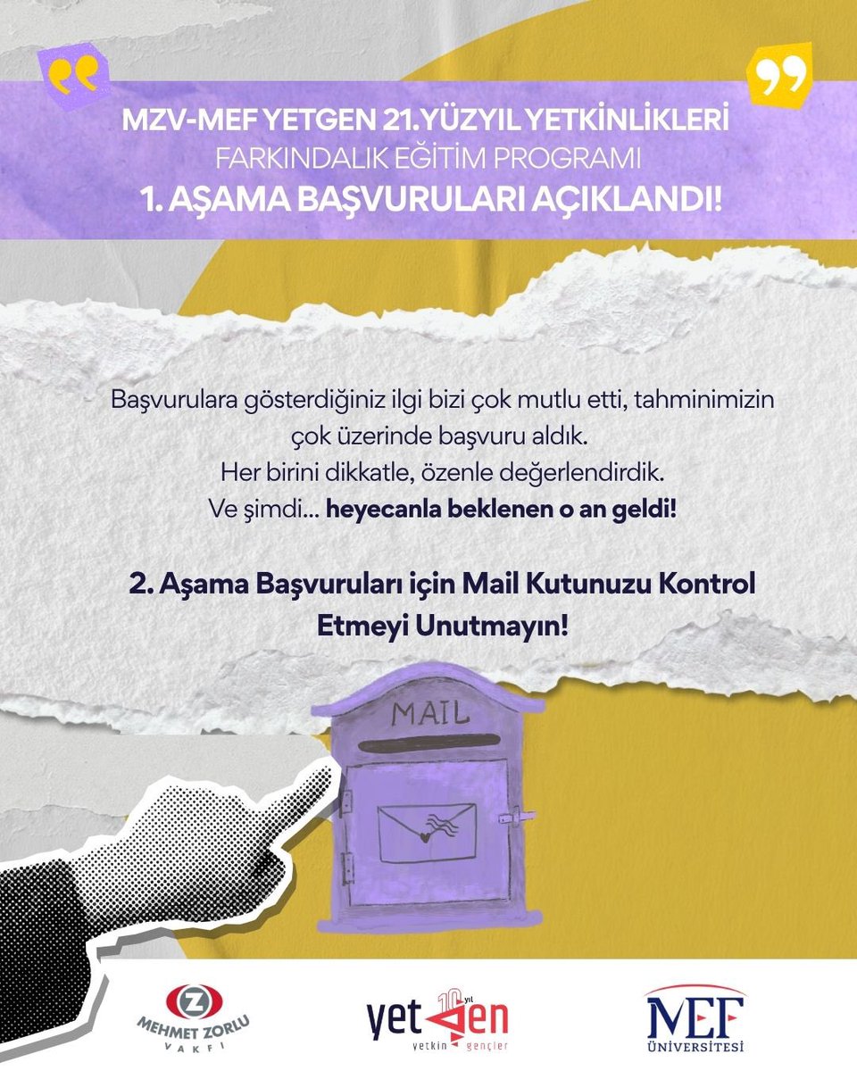 YetkinGencler's tweet photo. 🎉 Beklenen o an geldi...
📬 MZV-MEF YetGen 21. Yüzyıl Yetkinlikleri Farkındalık Eğitim Programı 1. Aşama Sonuçları Açıklandı!
👉 2. Aşama Başvuruları için Mail Kutunu Hemen Kontrol Etmeyi Unutma!
#YetkinGençler #YetGen #YetGenLiderlikProgramı #Liderlik https://t.co/goxwf3QM41
