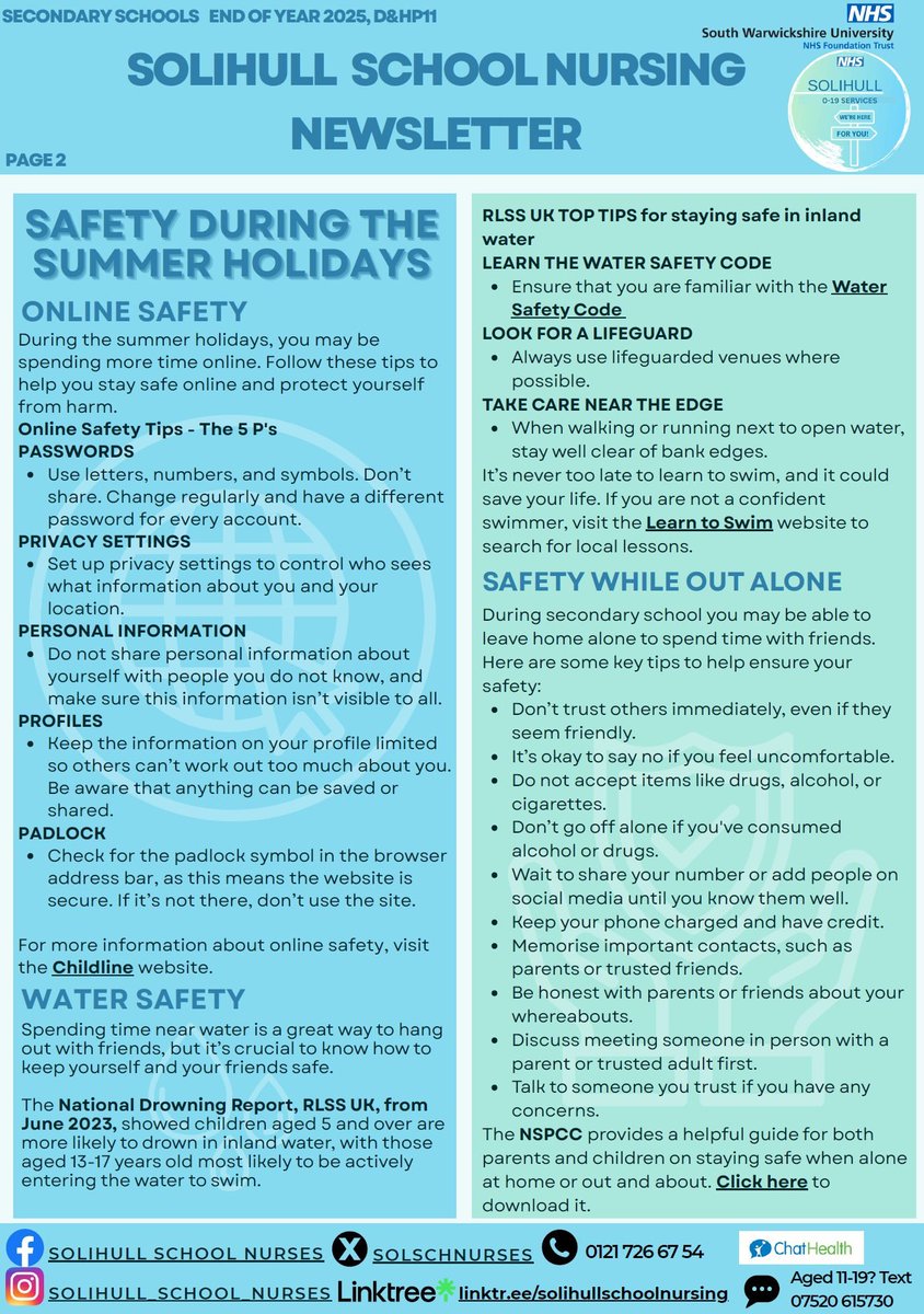 Please see the Summer Edition of the Solihull School Nursing Team Newsletter below.  It has lots of useful information and contact details for you to access.