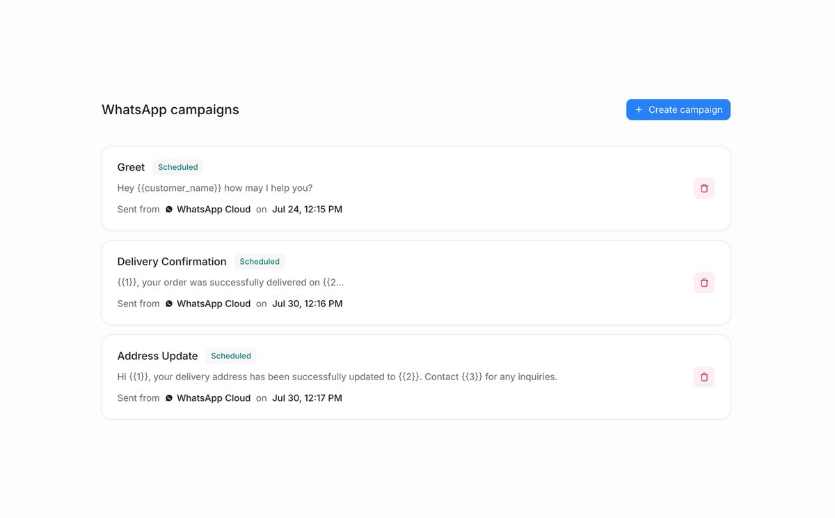 📣 WhatsApp Campaigns (alpha)

We’re starting to roll out support for WhatsApp campaigns in Chatwoot. This feature lets you send pre-approved WhatsApp message templates to a selected list of contacts—perfect for sending reminders, updates, or promotions.