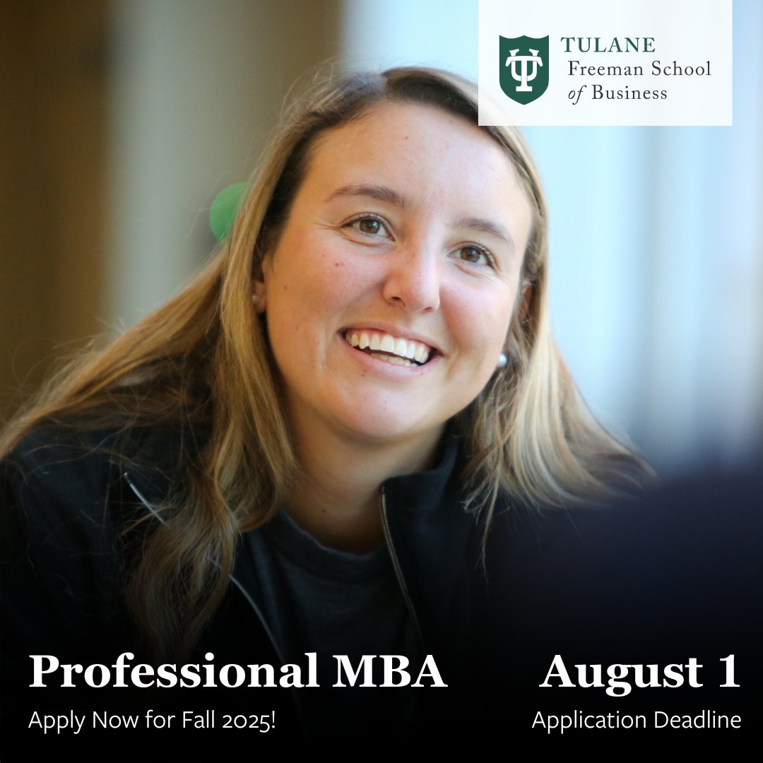 FreemanSchool's tweet image. Unlock exciting new career opportunities while preparing yourself to become a future business leader!
The deadline to become a part of our Fall 2025 Professional MBA cohort is August 1st!
Apply now: freeman.tulane.edu/admissions/app…
#FreemanBusiness