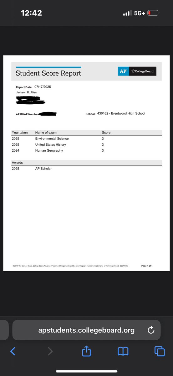 Jackson_Rex_A's tweet image. My full high school transcript and AP scores below.
Weighted GPA: 4.44
Hope Scholarship GPA: 4.00
All A’s at Brentwood High School.
AP Human Geography /Environmental Science / US History
@CSmithScout
@wcsBHSge
@wcsBHScf
@drew_toennies
@Coach_DVaughn
@Coach_Springer1