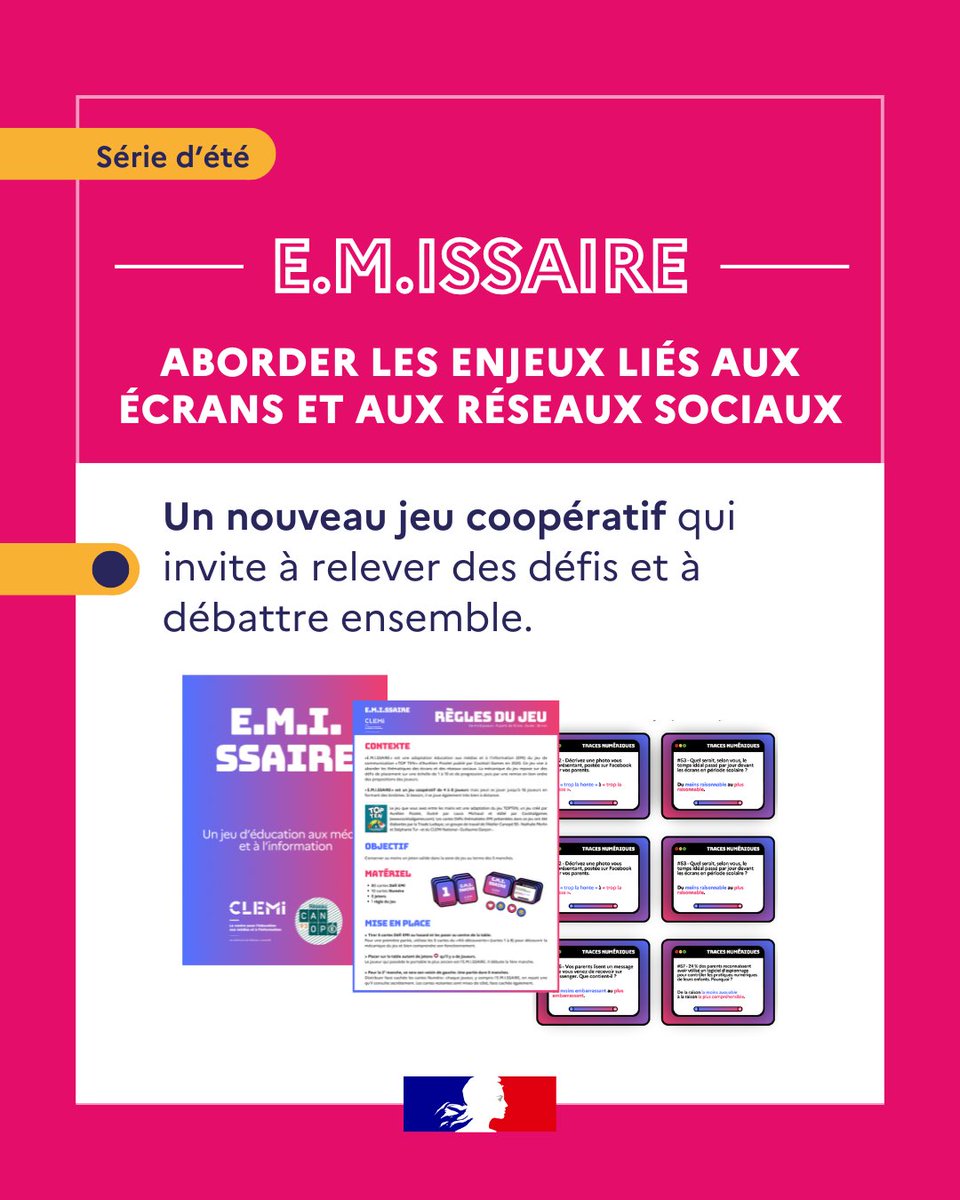 LeCLEMI's tweet image. 🧩Vous connaissez Top ten ? Et si vous passiez à la version spéciale #ÉducMédiasInfos ? E.MI.SSAIRE est un jeu coopératif pour appréhender les notions des écrans, des réseaux sociaux et leurs enjeux.
👉À jouer sans modération tout l’été, dès 10 ans
clemi.fr/ressources/jeu…