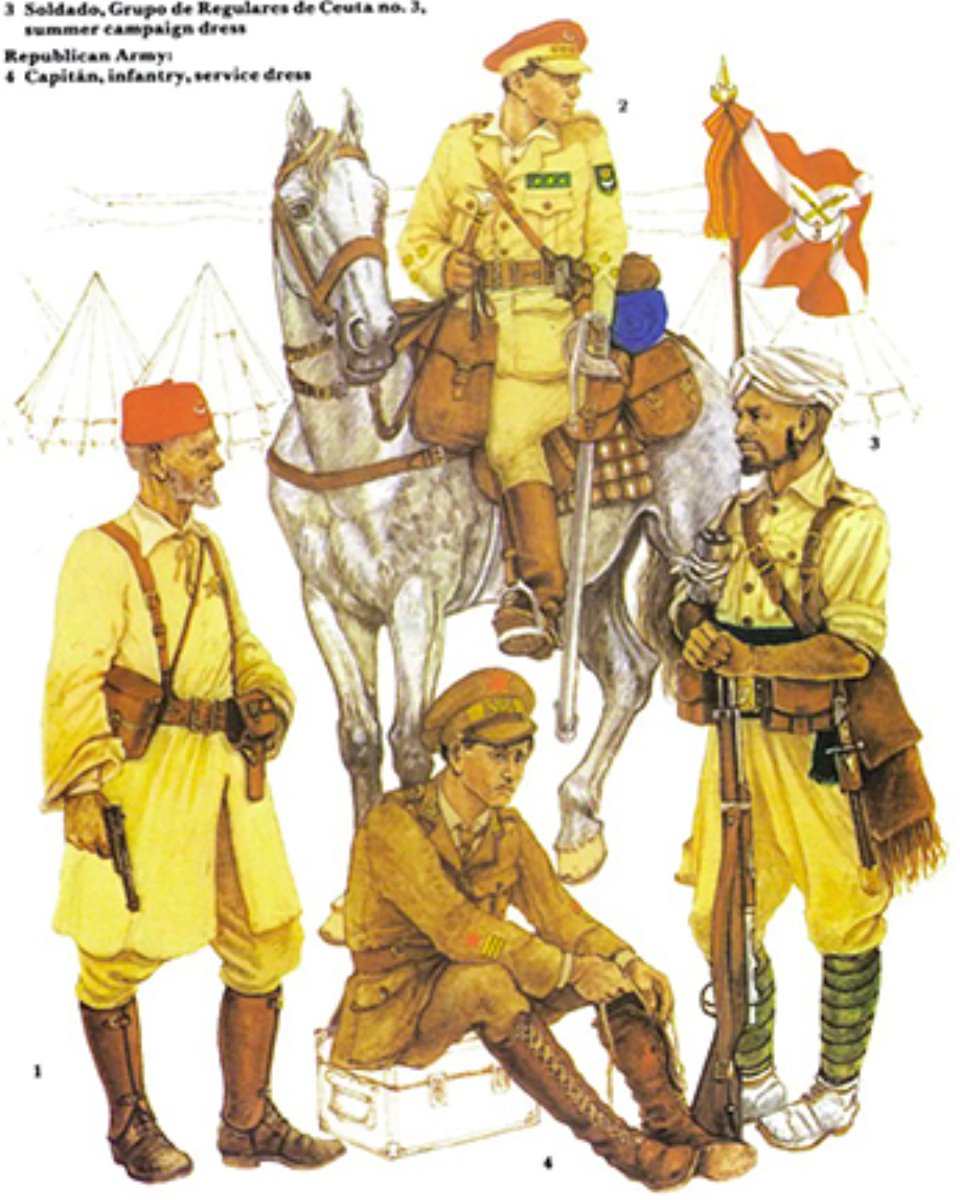 OspreyBooks's tweet image. #OTD in 1936 the Spanish Civil War began.
1. Alférez, Tiradores de Ifni
2. Capitán, Moroccan Regular Infantry
3. Soldato, Grupo de Regulares de Ceuta no. 3
4. Capitán of Republican infantry
Art from MAA 74 The Spanish Civil War 1936–39, illustrated by Jeffrey Burn.
