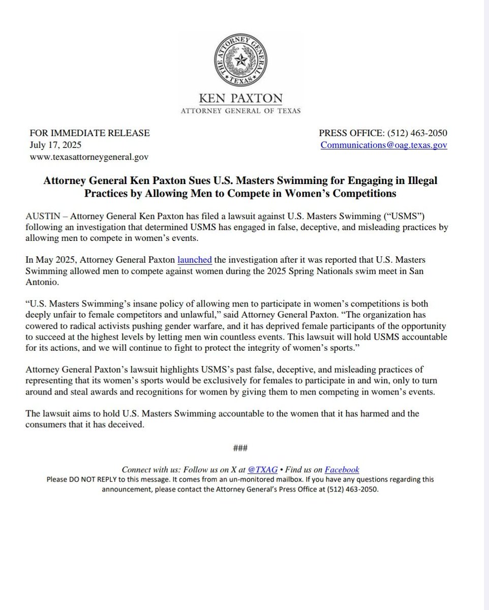 KenPaxtonTX's tweet image. BREAKING: I'm suing U.S. Masters Swimming for engaging in illegal practices by allowing men to compete in women's competitions.
The organization has cowered to radical activists pushing gender warfare, and this lawsuit will hold USMS accountable for its actions.