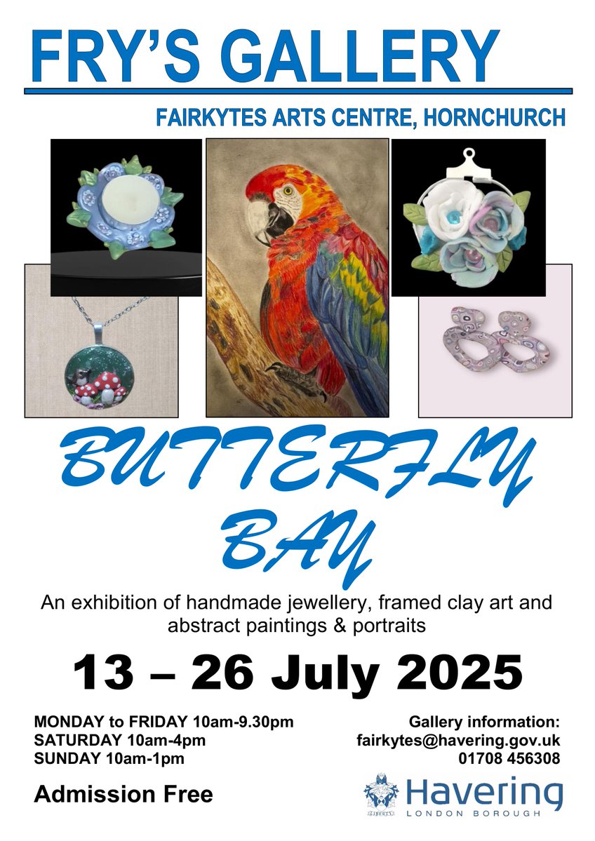 FairkytesArts's tweet image. LAST FEW DAYS!

Back by popular demand, the current exhibition in #FrysGallery features handmade jewellery, framed clay art, abstract paintings and portraits by Butterfly Bay.

Open from Sunday 13 - Saturday 26 July.

Admission free.