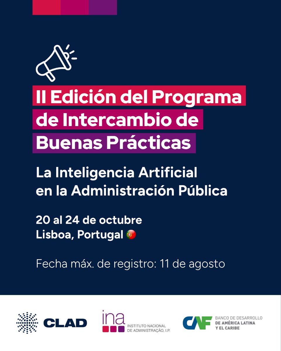 CLAD_Org's tweet image. 📢 Convocatoria abierta para participar en la II Edición del Programa de Intercambio de Buenas Prácticas.
📅 20 al 24 de octubre | Lisboa, Portugal
Postulación máx: 11 de agosto
📝 Inscripciones forms.gle/kX2MQpVjRpEQ4u…
🔗 Más info: clad.org/destacados/el-…