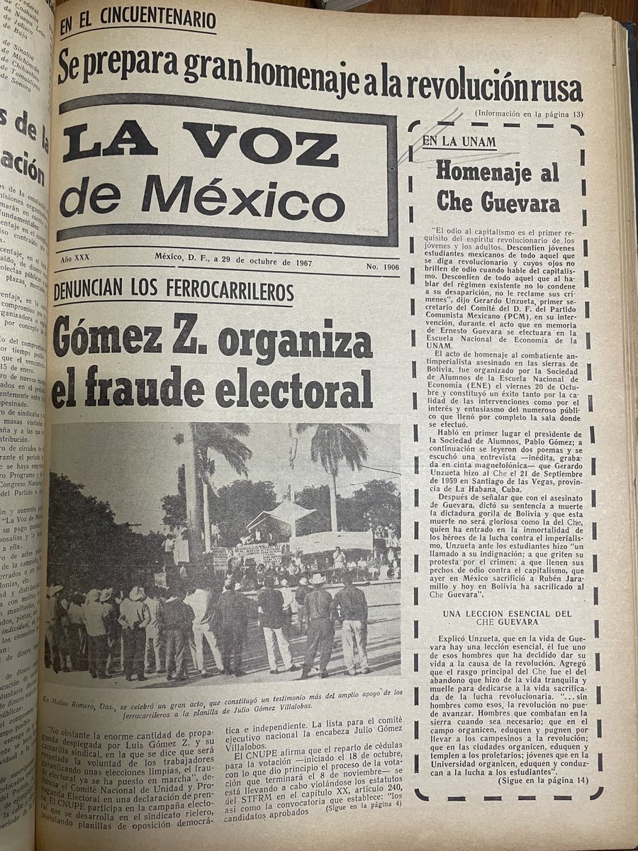 Nota del homenaje al Che en la universidad, 1967, en La Voz de México, órgano del Partido Comunista Mexicano