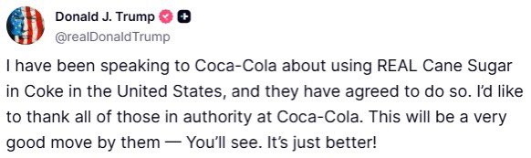 RepMillsPress's tweet image. President Trump’s talks with CocaCola to use real cane sugar instead of high fructose corn syrup in all U.S. products is great news. Florida is the nation’s top producer of sugar cane so we know it is superior in many ways!
#MAHA
