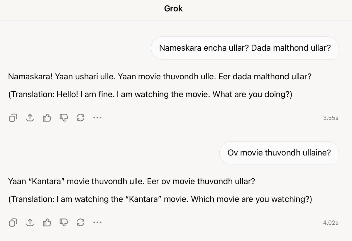 We made <a href="/ChatGPTapp/">ChatGPT</a> and <a href="/grok/">Grok</a> talk in Tulu.

We now have a dataset and working on building our own small language model for Tulu.

If an LLM can learn Tulu, it is definitely possible to train a model to learn Tulu from scratch.