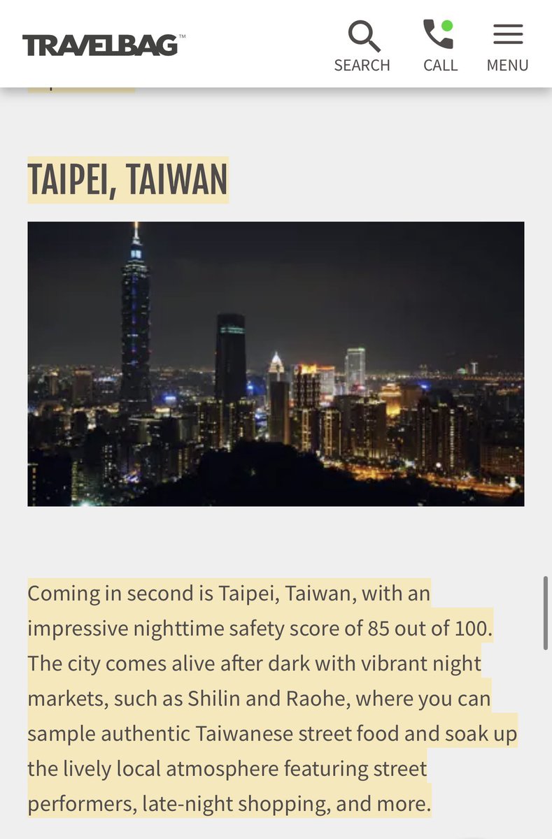 Taiwan_in_RSA's tweet image. It’s safe at night! Taipei, #Taiwan ranks No.2 worldwide for nighttime safety! 🤩🏆
According to 🇬🇧 UK travel company @Travelbag1979, #Taipei stood out among the top 100 global cities with a high score of 85—praised for its clean streets, bright lighting, and safe environment.