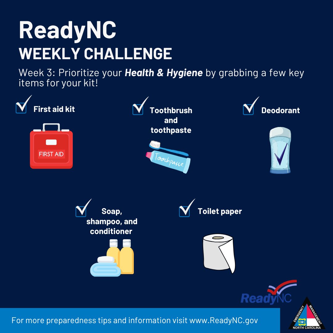 NCEmergency's tweet image. Your health and hygiene matter, even in an emergency! This week let's focus on essential first-aid supplies and personal care items. Think bandages, pain relievers, and hygiene products. A little at a time makes it easy!🧼 🧻 🩹 🪥 #ReadyNC #FirstAidReady #PrepALittleSaveALot