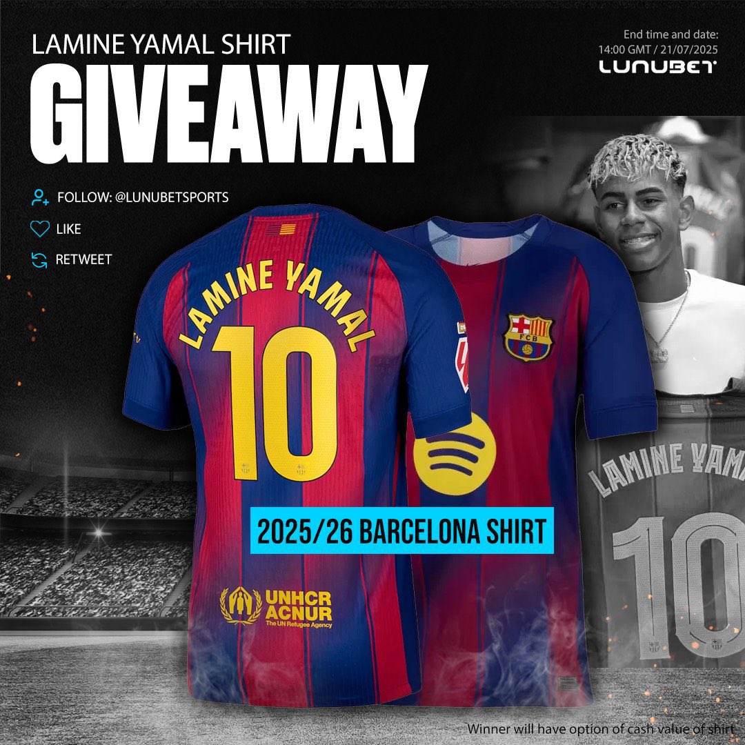 TalkFCB © (@talkfcb_) on Twitter photo 🚨 GIVEAWAY 🚨
To celebrate Lamine Yamal becoming the new Barça no.10 - we’re giving away the new Barça home shirt!
To Enter:
🔄 RT this post
❤️ Like this post
And you must be following <a href="/LunubetSports/">Lunubet Sports</a> to enter!
Winner announced on Monday ⏳ 🚨 GIVEAWAY 🚨
To celebrate Lamine Yamal becoming the new Barça no.10 - we’re giving away the new Barça home shirt!
To Enter:
🔄 RT this post
❤️ Like this post
And you must be following <a href="/LunubetSports/">Lunubet Sports</a> to enter!
Winner announced on Monday ⏳