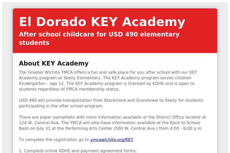 El Dorado USD 490 (@eldoradousd490) on Twitter photo Sign up for YMCA after school childcare in USD 490 for 2025-2026! #PartOfThePride psqr.io/JPvE-hmCz7 via <a href="/ParentSquare/">ParentSquare</a> Sign up for YMCA after school childcare in USD 490 for 2025-2026! #PartOfThePride psqr.io/JPvE-hmCz7 via <a href="/ParentSquare/">ParentSquare</a>