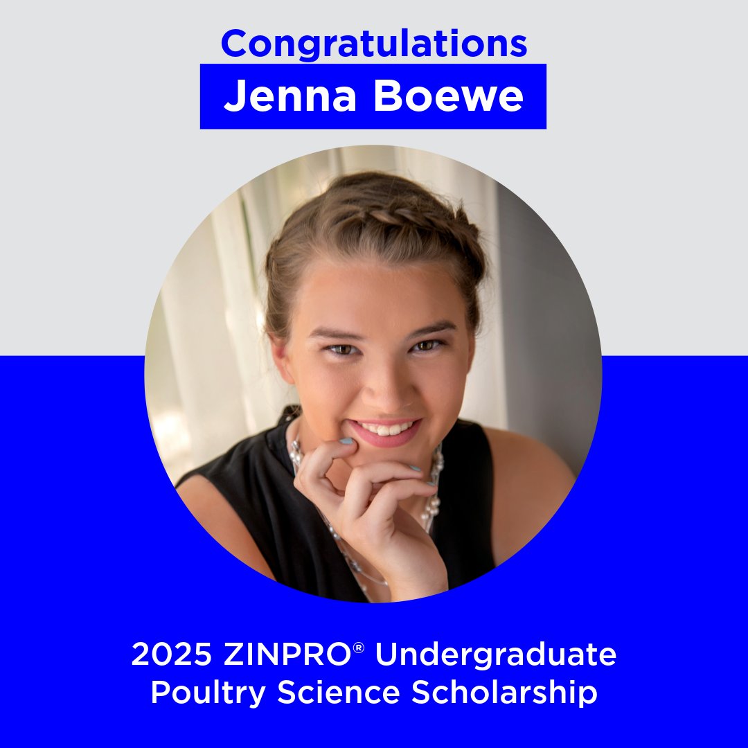 We are proud to present Jenna Boewe with the 2025 ZINPRO® Undergraduate Poultry Science Scholarship award. We’re excited to help her continue making an impact in the industry. Congratulations, Jenna! 

Learn more about this scholarship: zinp.ro/3Gs8zCc
