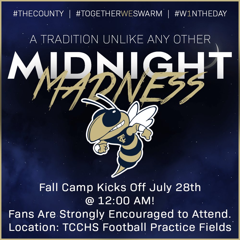 Jacket Nation, one of the best nights of the year is almost here. Our annual Midnight Madness practice will take place Monday, July 28th at 12am (Sunday night/Monday morning). 

Come on out and enjoy a great night of football!

#TheCounty #TogetherWeSwarm #W1NTHEDAY