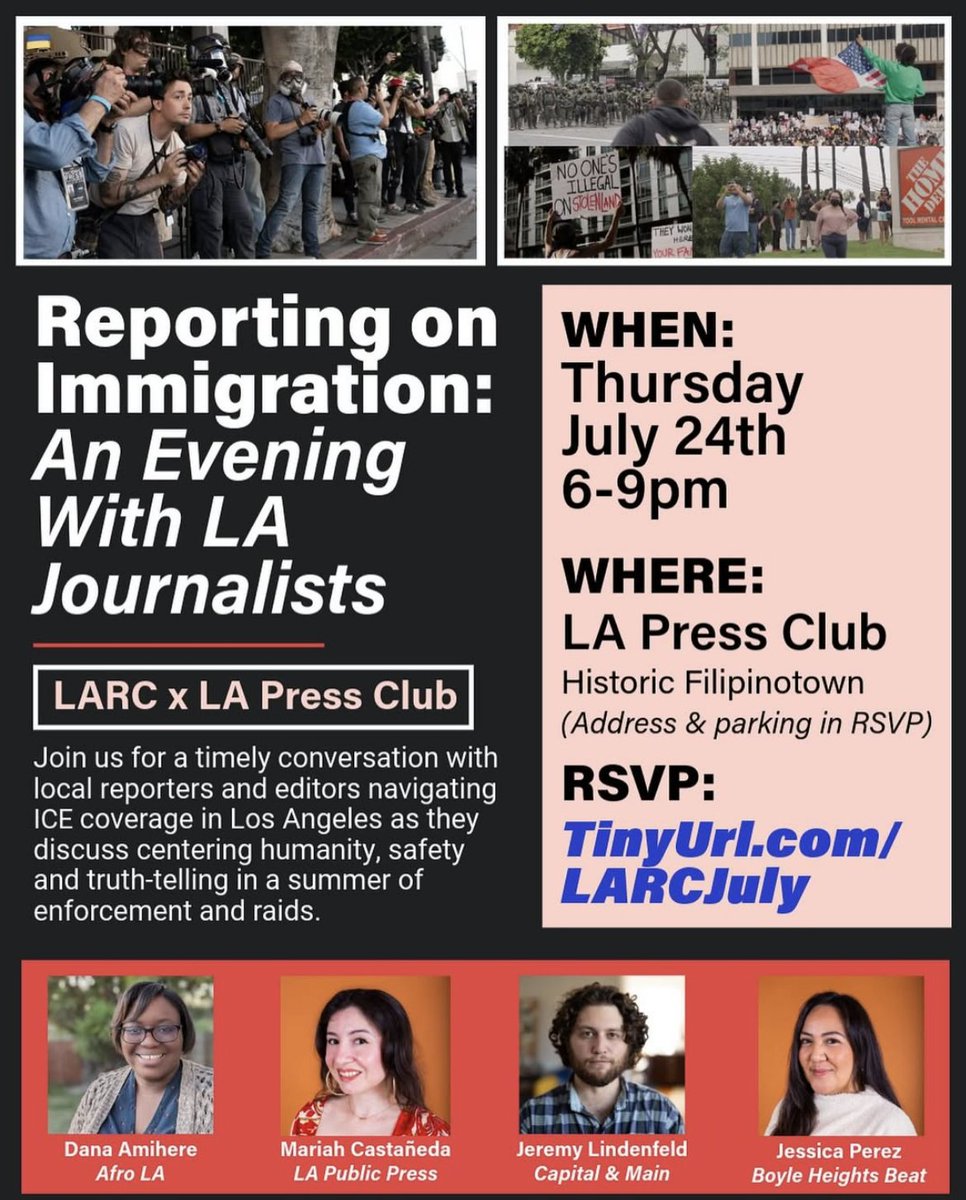 LAPressClub's tweet image. The LA Press Club is partnering up with LA Radio Collective to bring you an insightful discussion on immigration coverage featuring journalists reporting on ICE’s presence and actions in the Southland.
INFO: instagram.com/p/DML4Jbhy3gs/
Q info@lapressclub.com