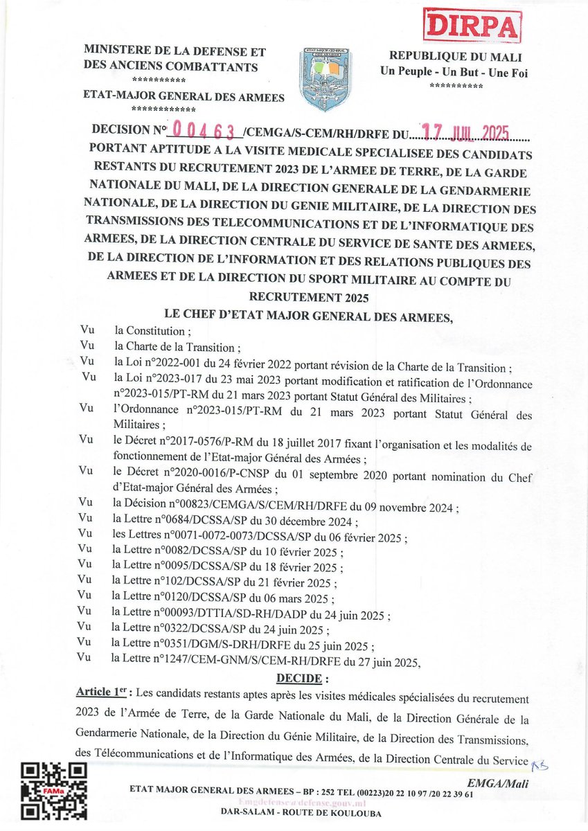 DirpaFa's tweet image. Liste des candidats restant après les visites médicales spécialisées du recrutement 2023
Voir la liste complète sur le site DIRPA fama.ml