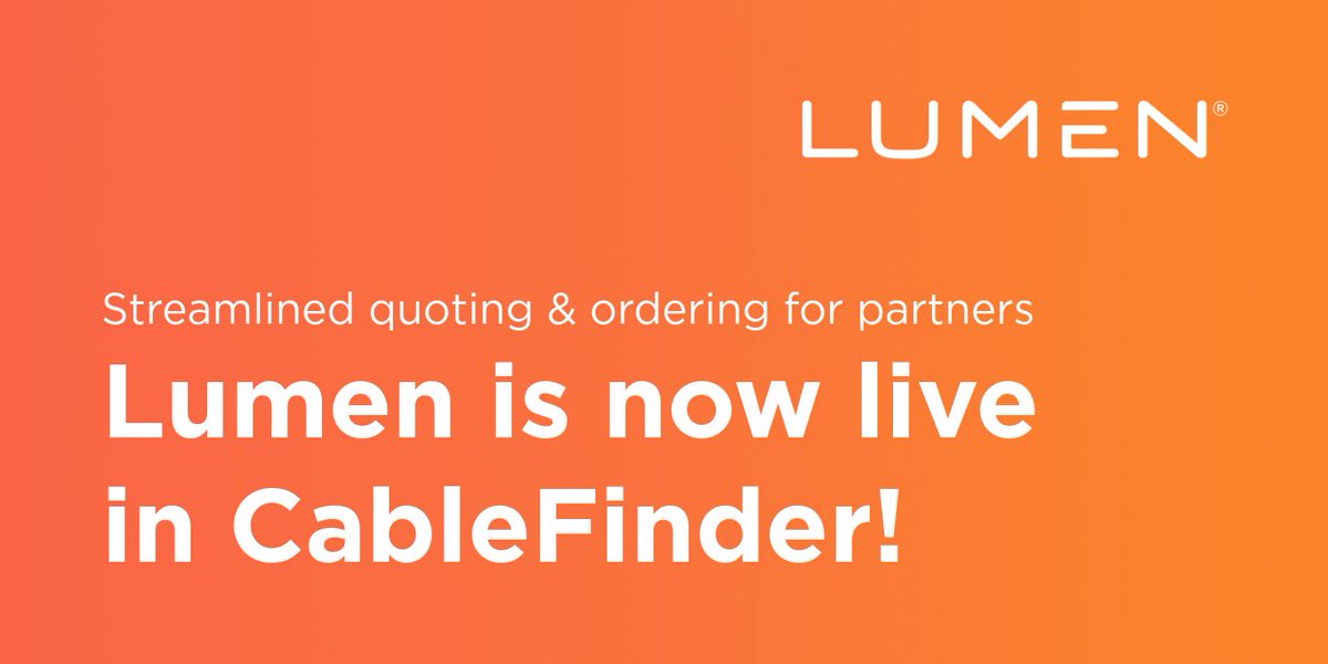 Lumen Partner Program (@lumencpp) on Twitter photo .@LumenTechCo is live in <a href="/CablefinderNet/">CableFinder.net</a>! Partners can now use the platform to quote & order Lumen services. This functionality is now available for Lumen DIA services & additional solutions to be available in the coming months. Read the press release: bit.ly/3UgUQB9 .@LumenTechCo is live in <a href="/CablefinderNet/">CableFinder.net</a>! Partners can now use the platform to quote & order Lumen services. This functionality is now available for Lumen DIA services & additional solutions to be available in the coming months. Read the press release: bit.ly/3UgUQB9
